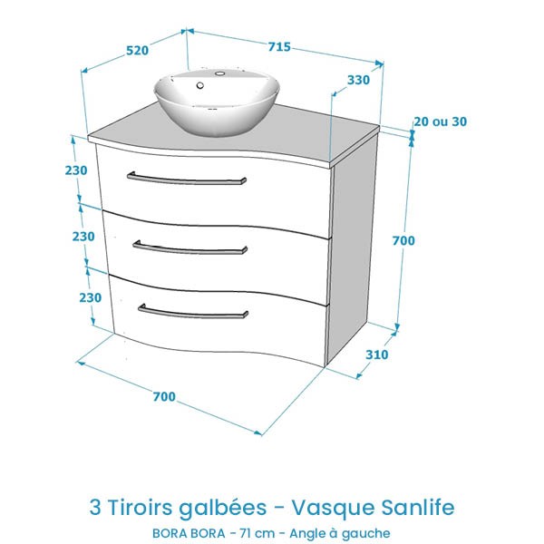 Meuble Bora Bora 70 cm. Angle à gauche